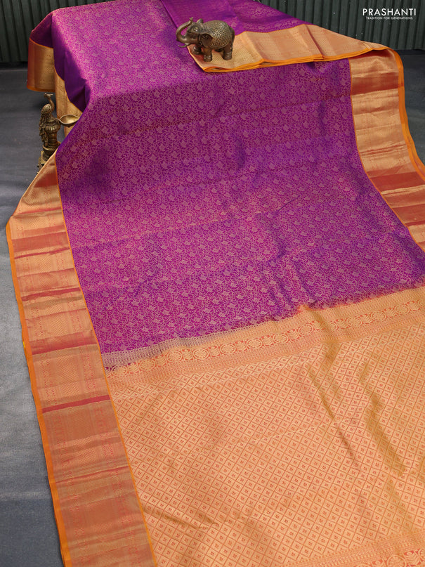 Kanchipuram silk saree purple and mustard yellow with allover zari woven brocade weaves and zari woven border