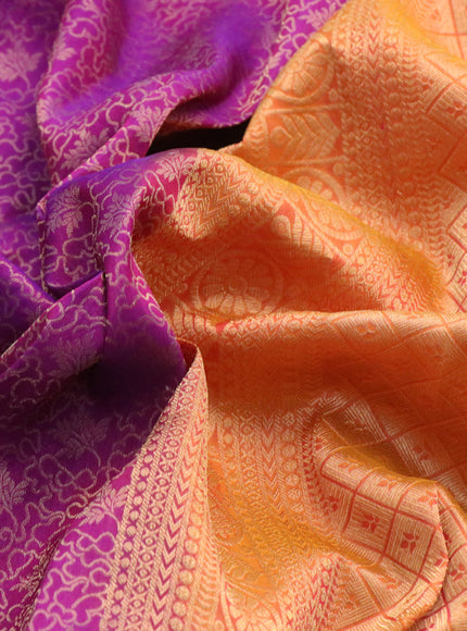 Kanchipuram silk saree purple and mustard yellow with allover zari woven brocade weaves and zari woven border