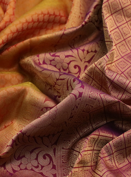 Kanchipuram silk saree mustard yellow and purple with allover zari woven brocade weaves and long zari woven border