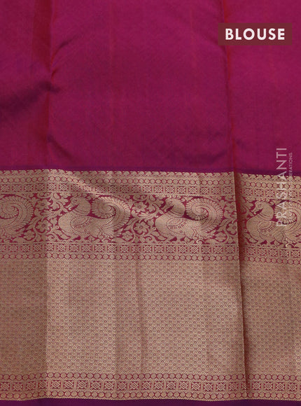 Kanchipuram silk saree mustard yellow and purple with allover zari woven brocade weaves and long zari woven border