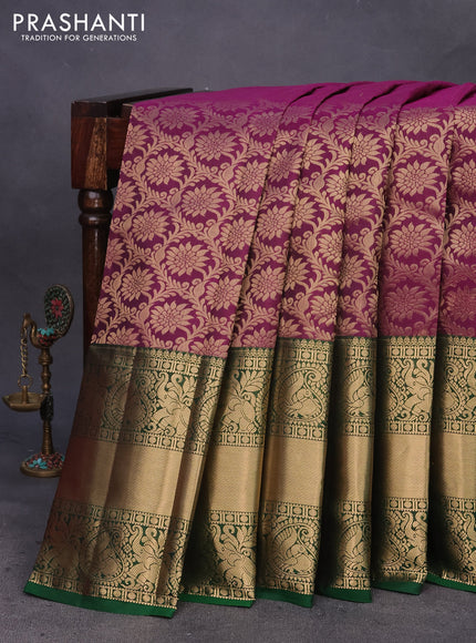 Kanchipuram silk saree purple and green with allover zari woven brocade weaves and long annam zari woven border