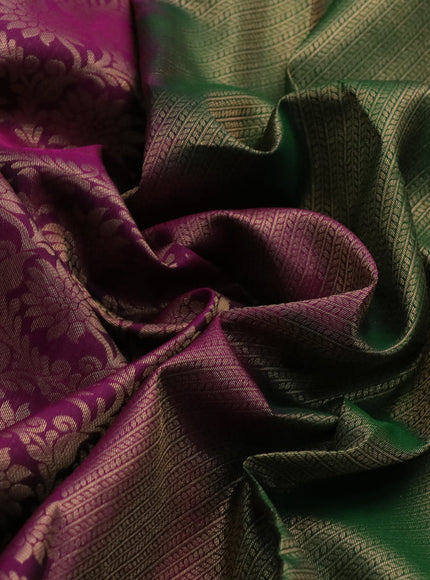 Kanchipuram silk saree purple and green with allover zari woven brocade weaves and long annam zari woven border