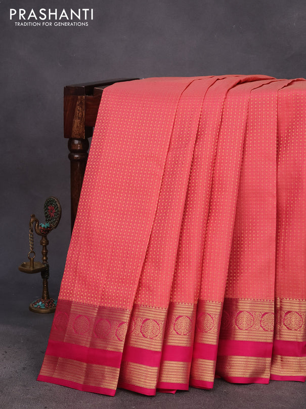 Kanchipuram silk saree peach pink and pink with allover zari woven butta weaves and rettapet zari woven border