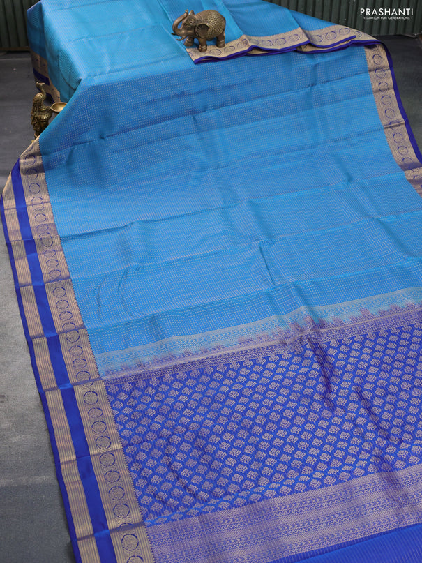 Kanchipuram silk saree cs blue and blue with allover zari woven butta weaves and rettapet zari woven border