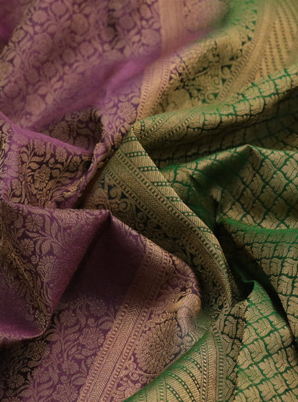 Kanchipuram silk saree purple shade and green with allover zari woven brocade weaves and long zari woven annam border