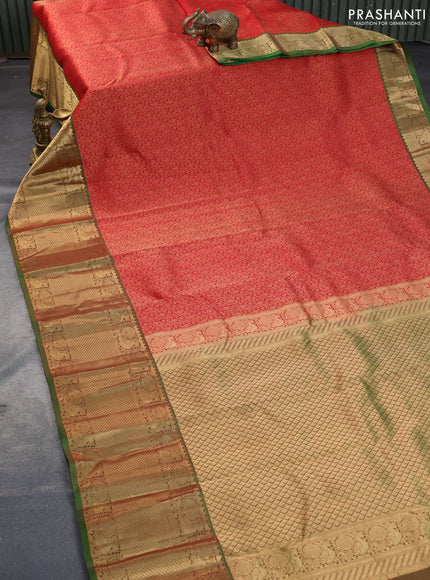 Kanchipuram silk saree red shade and green with allover zari woven brocade weaves and long zari woven annam border