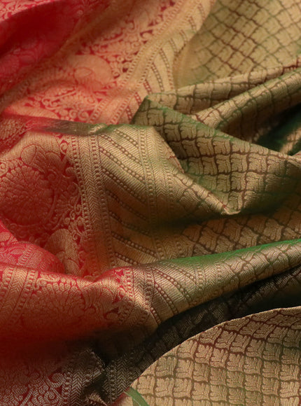 Kanchipuram silk saree red shade and green with allover zari woven brocade weaves and long zari woven annam border