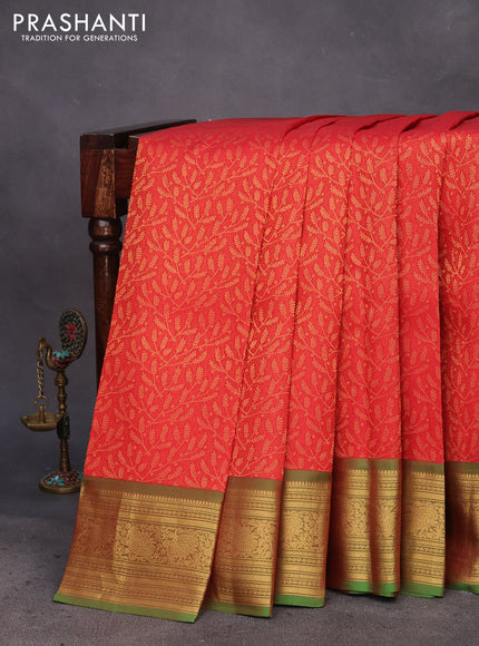 Kanchipuram silk saree red and green with allover zari woven brocade weaves and zari woven border