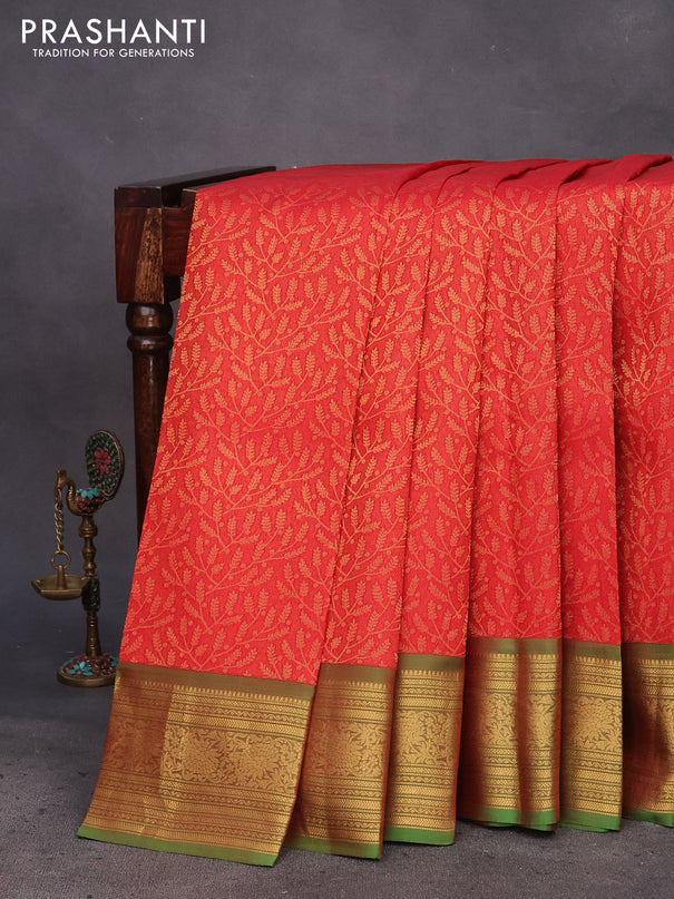 Kanchipuram silk saree red and green with allover zari woven brocade weaves and zari woven border