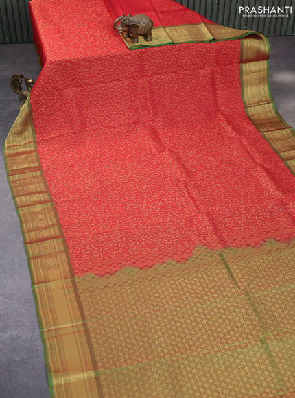 Kanchipuram silk saree red and green with allover zari woven brocade weaves and zari woven border