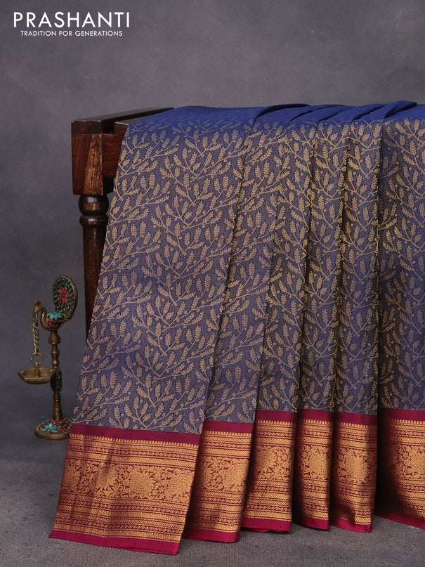 Kanchipuram silk saree dark blue and magenta pink with allover zari woven brocade weaves and zari woven border