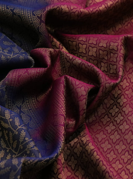 Kanchipuram silk saree dark blue and magenta pink with allover zari woven brocade weaves and zari woven border