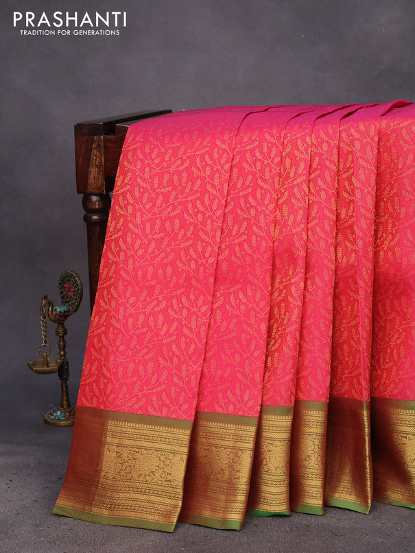 Kanchipuram silk saree pink and green with allover zari woven brocade weaves and zari woven border