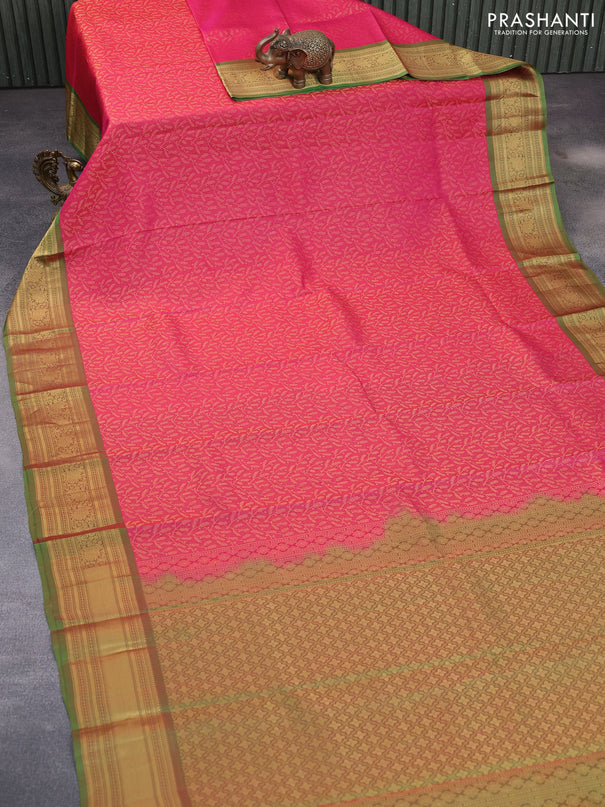 Kanchipuram silk saree pink and green with allover zari woven brocade weaves and zari woven border