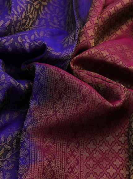 Kanchipuram silk saree blue and magenta pink with allover zari woven brocade weaves and zari woven border