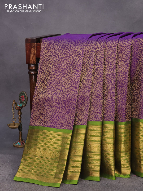 Kanchipuram silk saree deep violet and light green with allover zari woven brocade weaves and zari woven border