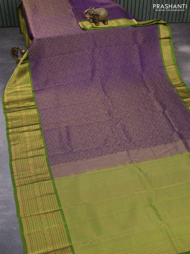 Kanchipuram silk saree deep violet and light green with allover zari woven brocade weaves and zari woven border