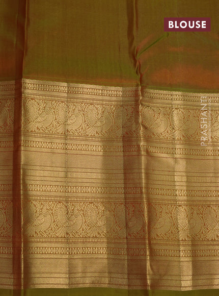 Kanchipuram silk saree orange and mehendi green with allover zari woven butta weaves and long annam zari woven border