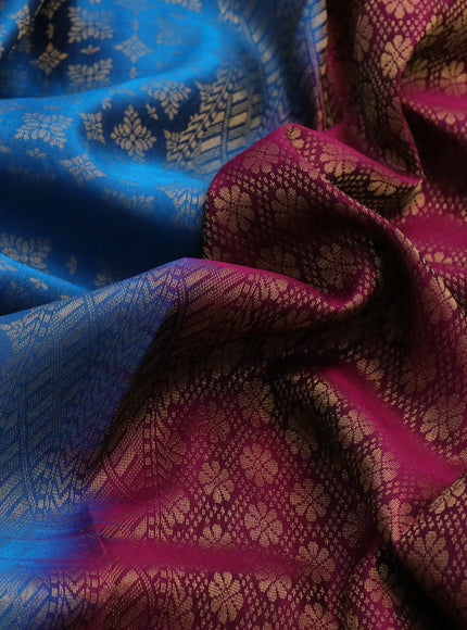 Kanchipuram silk saree cs blue and magenta pink with allover zari woven brocade weaves and zari woven border