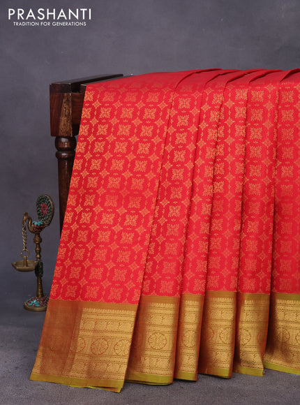 Kanchipuram silk saree red and green with allover zari woven brocade weaves and zari woven border