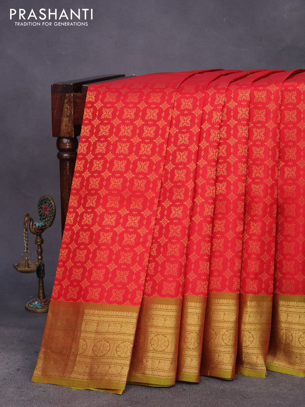 Kanchipuram silk saree red and green with allover zari woven brocade weaves and zari woven border