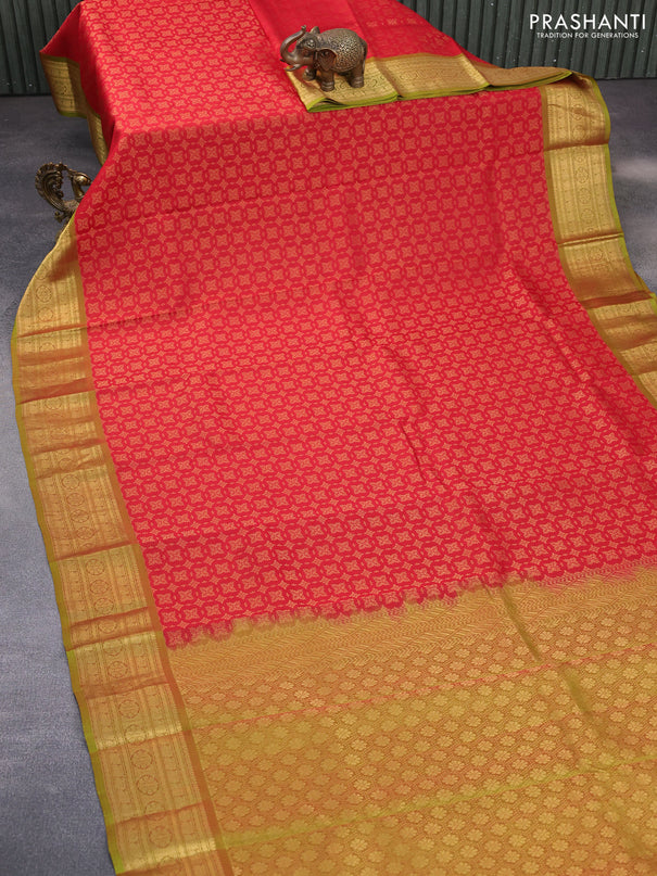 Kanchipuram silk saree red and green with allover zari woven brocade weaves and zari woven border