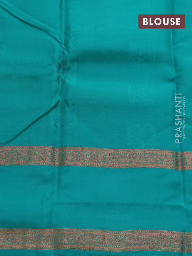 Kanchipuram silk saree pastel green and teal green with allover copper zari weaves & buttas and rettapet copper zari woven border