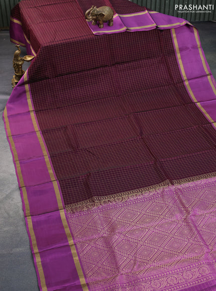 Kanchipuram silk saree wine shade and purple with allover zari checked pattern and rettapet zari woven border