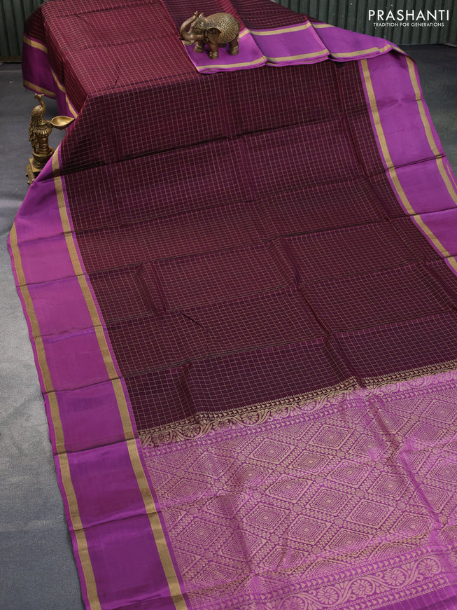 Kanchipuram silk saree wine shade and purple with allover zari checked pattern and rettapet zari woven border