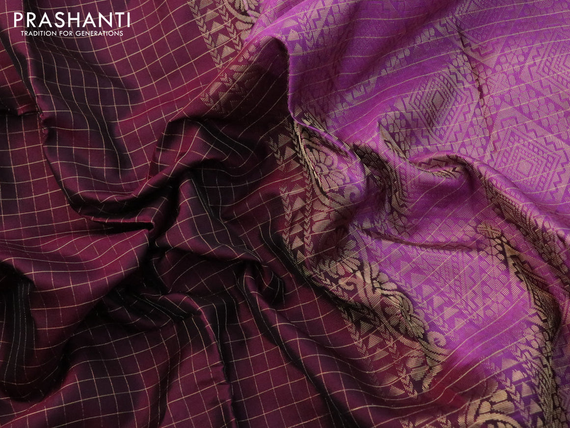 Kanchipuram silk saree wine shade and purple with allover zari checked pattern and rettapet zari woven border