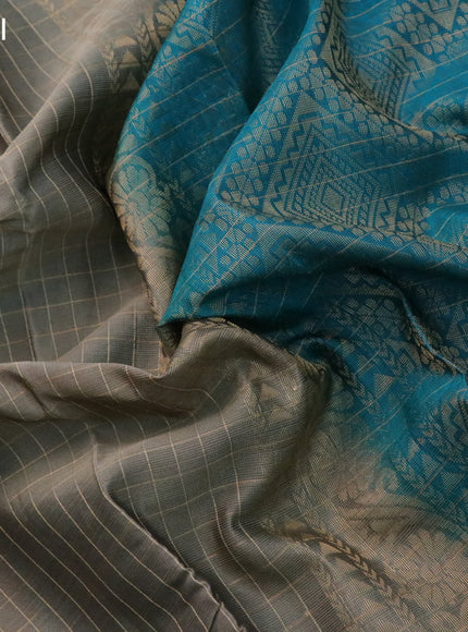 Kanchipuram silk saree chikku shade and teal blue shade with allover zari checked pattern and rettapet zari woven border