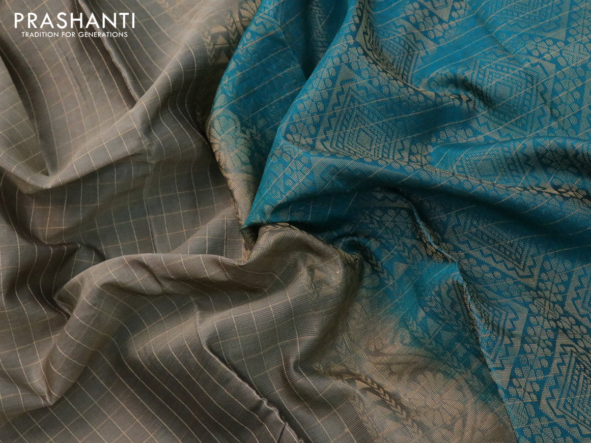 Kanchipuram silk saree chikku shade and teal blue shade with allover zari checked pattern and rettapet zari woven border