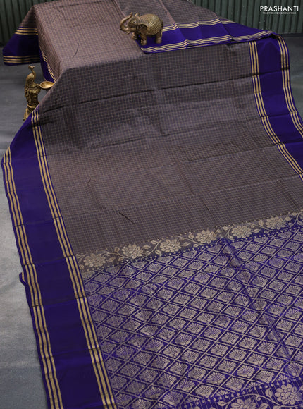 Kanchipuram silk saree grey and blue with allover zari checked pattern and rettapet zari woven border