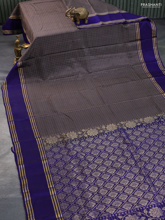 Kanchipuram silk saree grey and blue with allover zari checked pattern and rettapet zari woven border