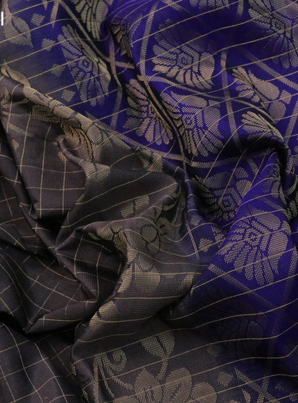 Kanchipuram silk saree grey and blue with allover zari checked pattern and rettapet zari woven border