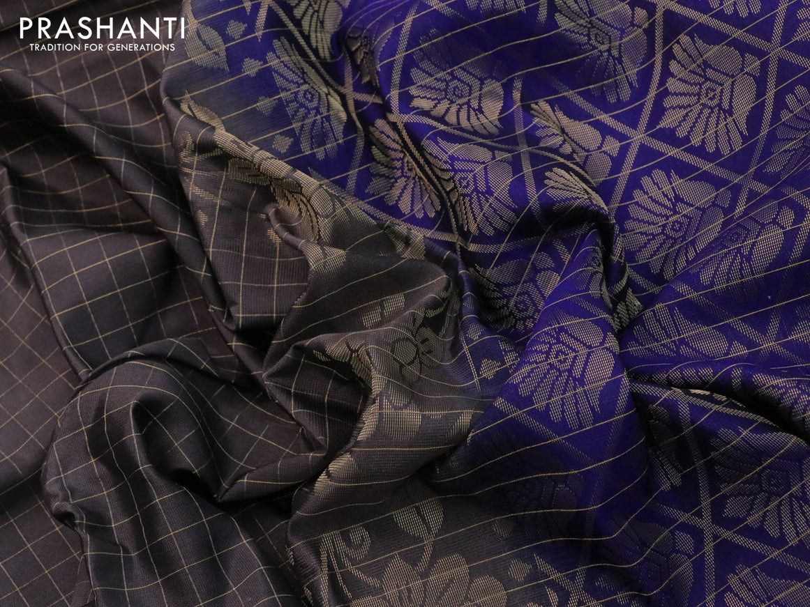 Kanchipuram silk saree grey and blue with allover zari checked pattern and rettapet zari woven border