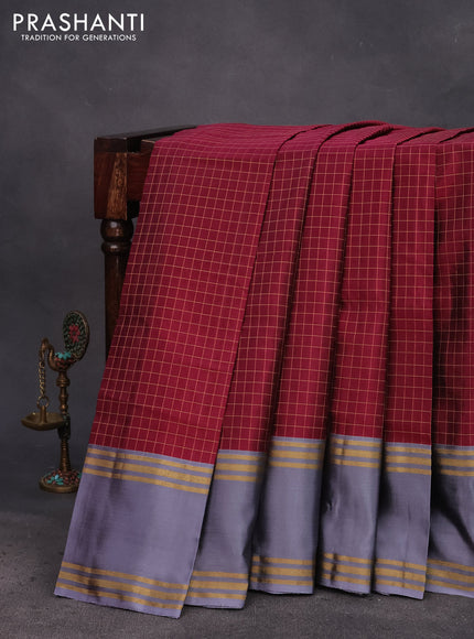 Kanchipuram silk saree maroon shade and grey with allover zari checked pattern and rettapet zari woven border