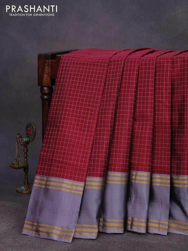 Kanchipuram silk saree maroon shade and grey with allover zari checked pattern and rettapet zari woven border