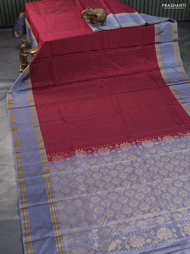 Kanchipuram silk saree maroon shade and grey with allover zari checked pattern and rettapet zari woven border