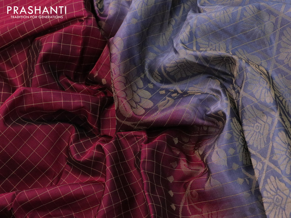 Kanchipuram silk saree maroon shade and grey with allover zari checked pattern and rettapet zari woven border