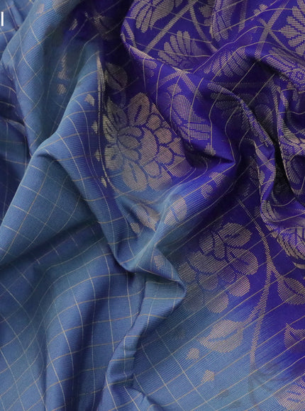 Kanchipuram silk saree blue shade and blue with allover zari checked pattern and rettapet zari woven border