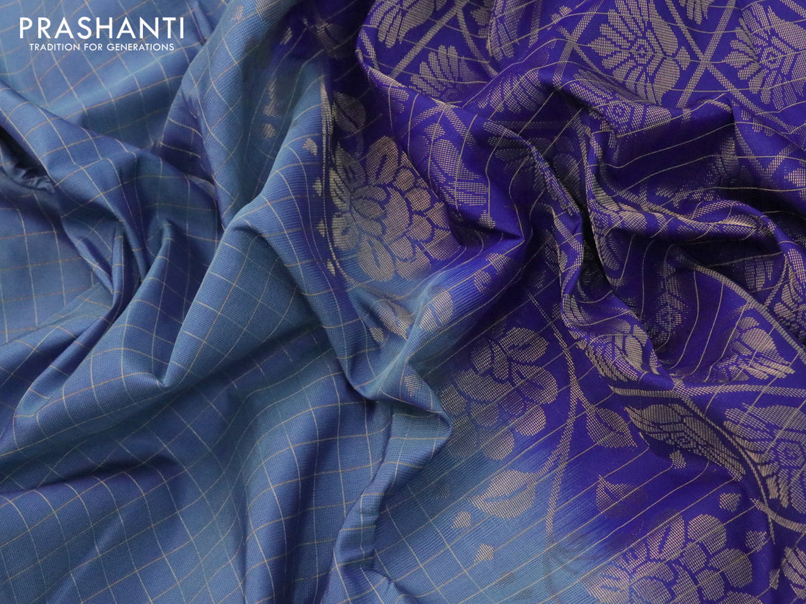 Kanchipuram silk saree blue shade and blue with allover zari checked pattern and rettapet zari woven border