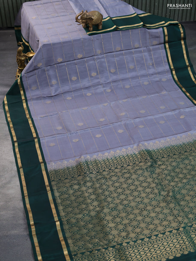 Kanchipuram silk saree grey and bottle green with allover zari weaves & buttas and rettapet zari woven border