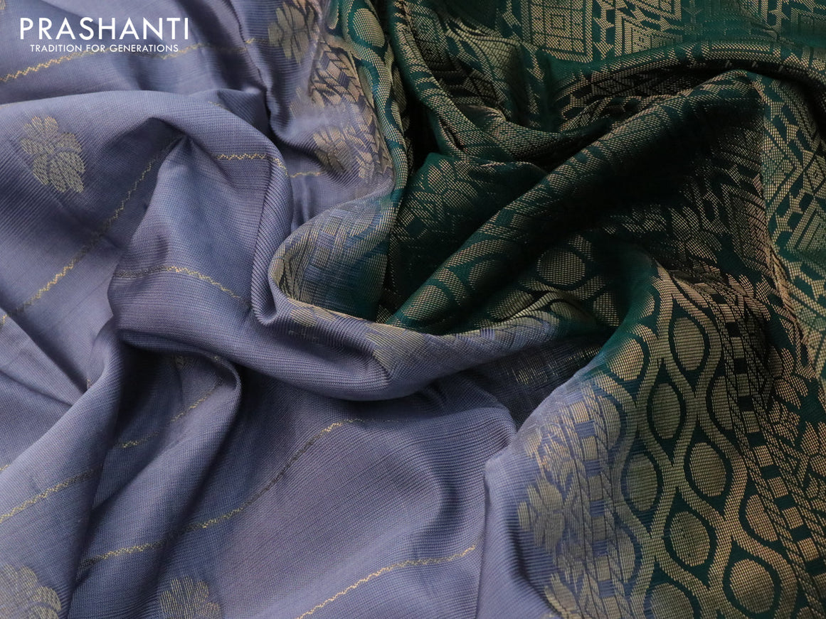 Kanchipuram silk saree grey and bottle green with allover zari weaves & buttas and rettapet zari woven border