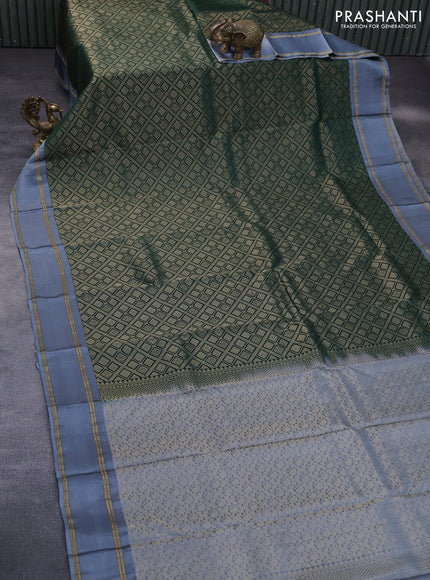 Kanchipuram silk saree dark green and grey with allover zari woven brocade weaves and rettapet zari woven border