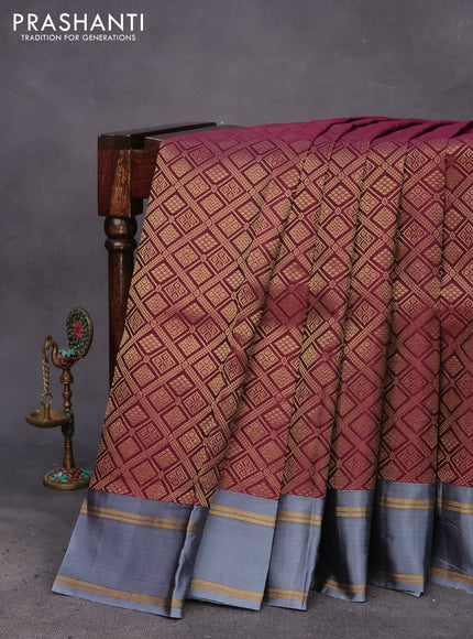 Kanchipuram silk saree wine shade and grey with allover zari woven brocade weaves and rettapet zari woven border