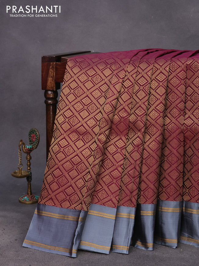 Kanchipuram silk saree wine shade and grey with allover zari woven brocade weaves and rettapet zari woven border