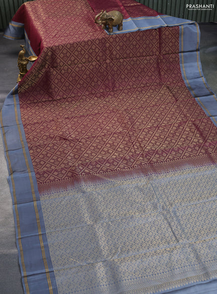 Kanchipuram silk saree wine shade and grey with allover zari woven brocade weaves and rettapet zari woven border