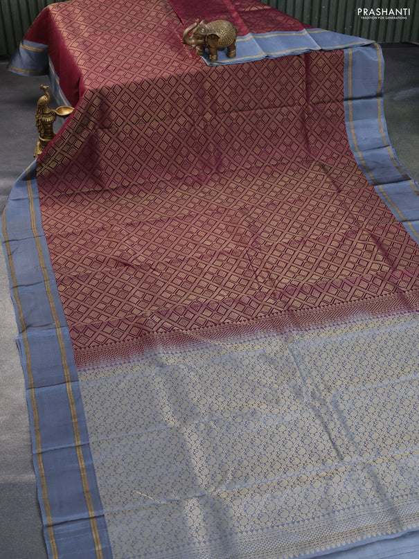 Kanchipuram silk saree wine shade and grey with allover zari woven brocade weaves and rettapet zari woven border