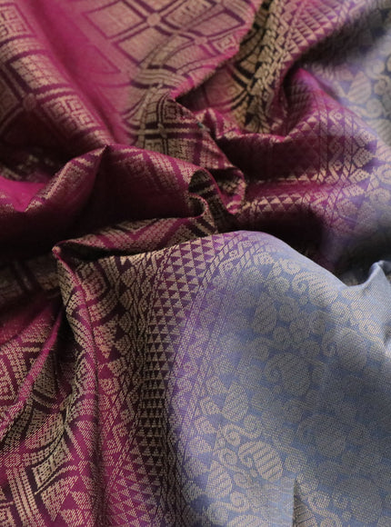 Kanchipuram silk saree wine shade and grey with allover zari woven brocade weaves and rettapet zari woven border